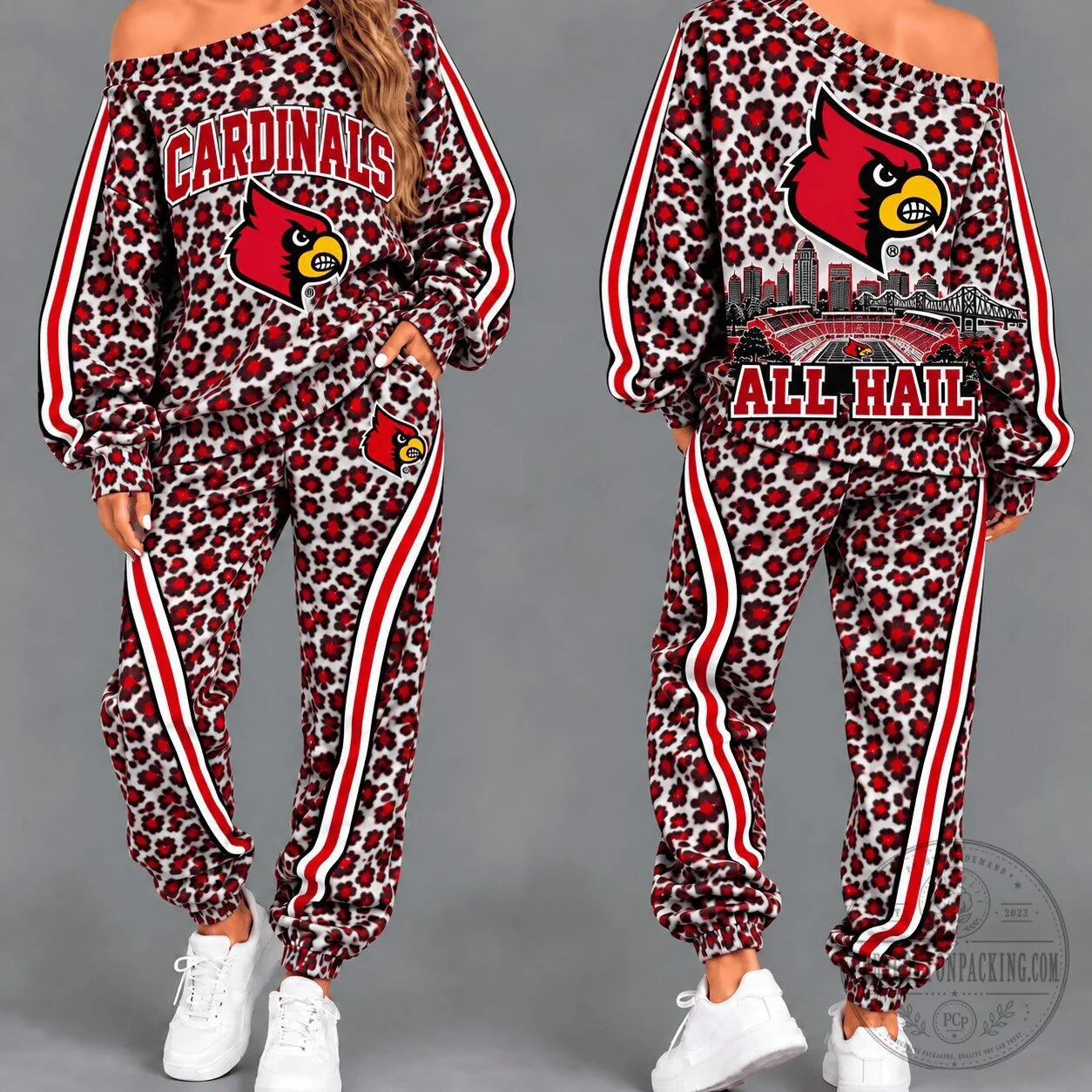 Louisville Cardinals Leopard Print Off Shoulder Tracksuit Set for Women