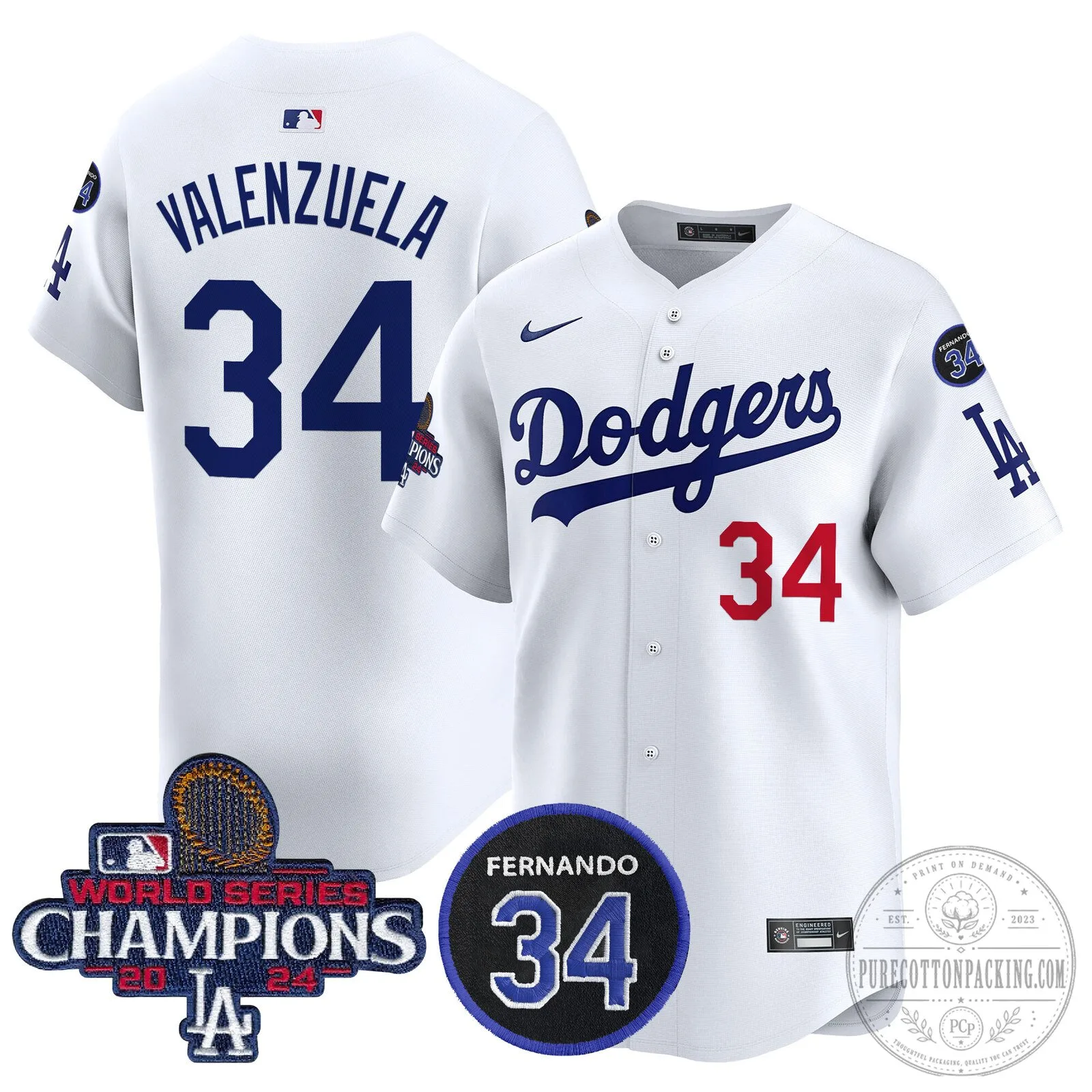 Los Angeles Dodgers Fernando Valenzuela 34 World Series Champions Baseball Jersey