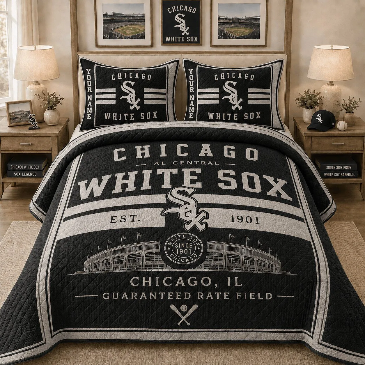 Chicago White Sox Baseball Team Luxury Quilted Bedding Set for Sports Fans