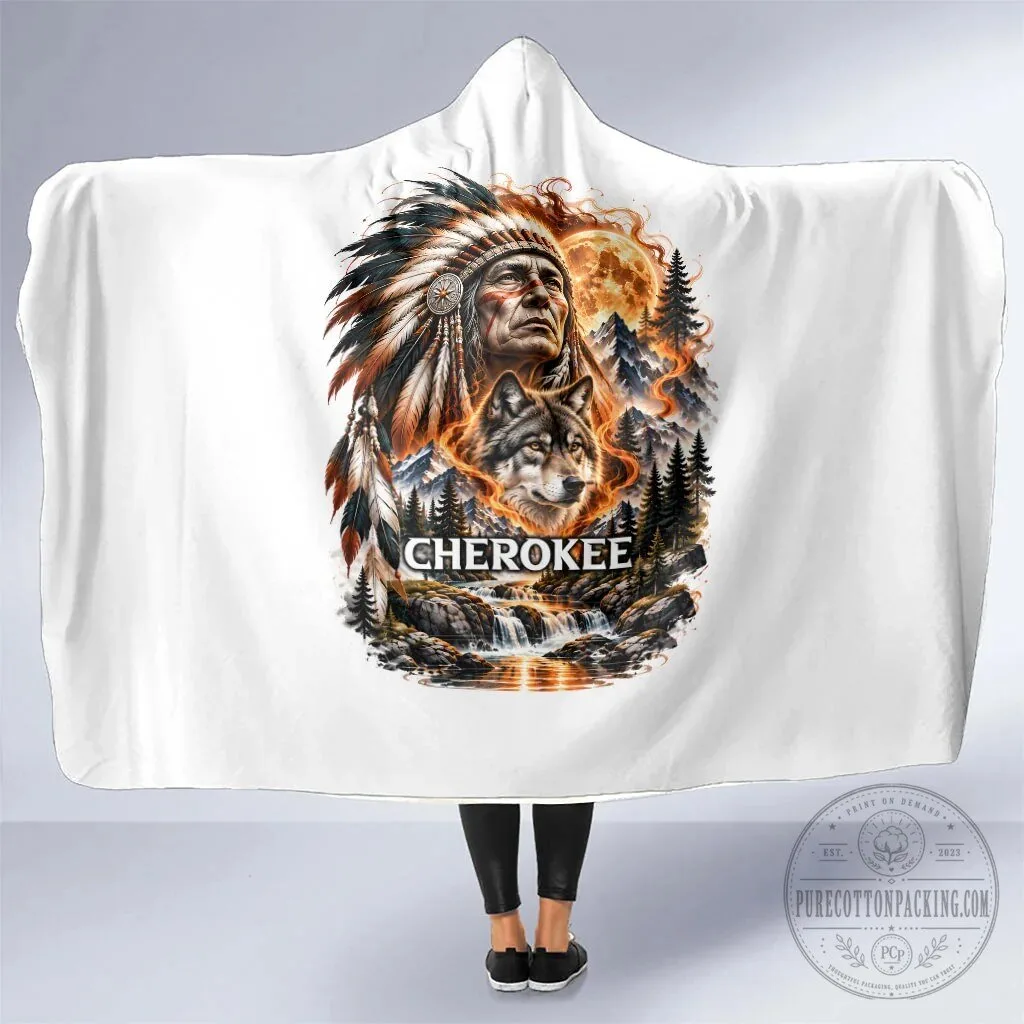 Cherokee Wolf And Native American Chief Tribal Nature Landscape Hooded Blanket