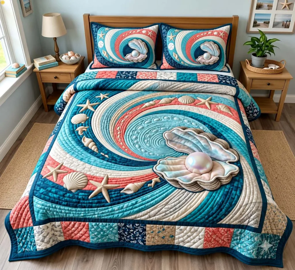 Ocean Pearl Swirl Pattern Quilted Bedding Set with Seashells and Starfish Ocean Pearl Swirl Pattern Quilted Bedding Set with Seashells and Starfish