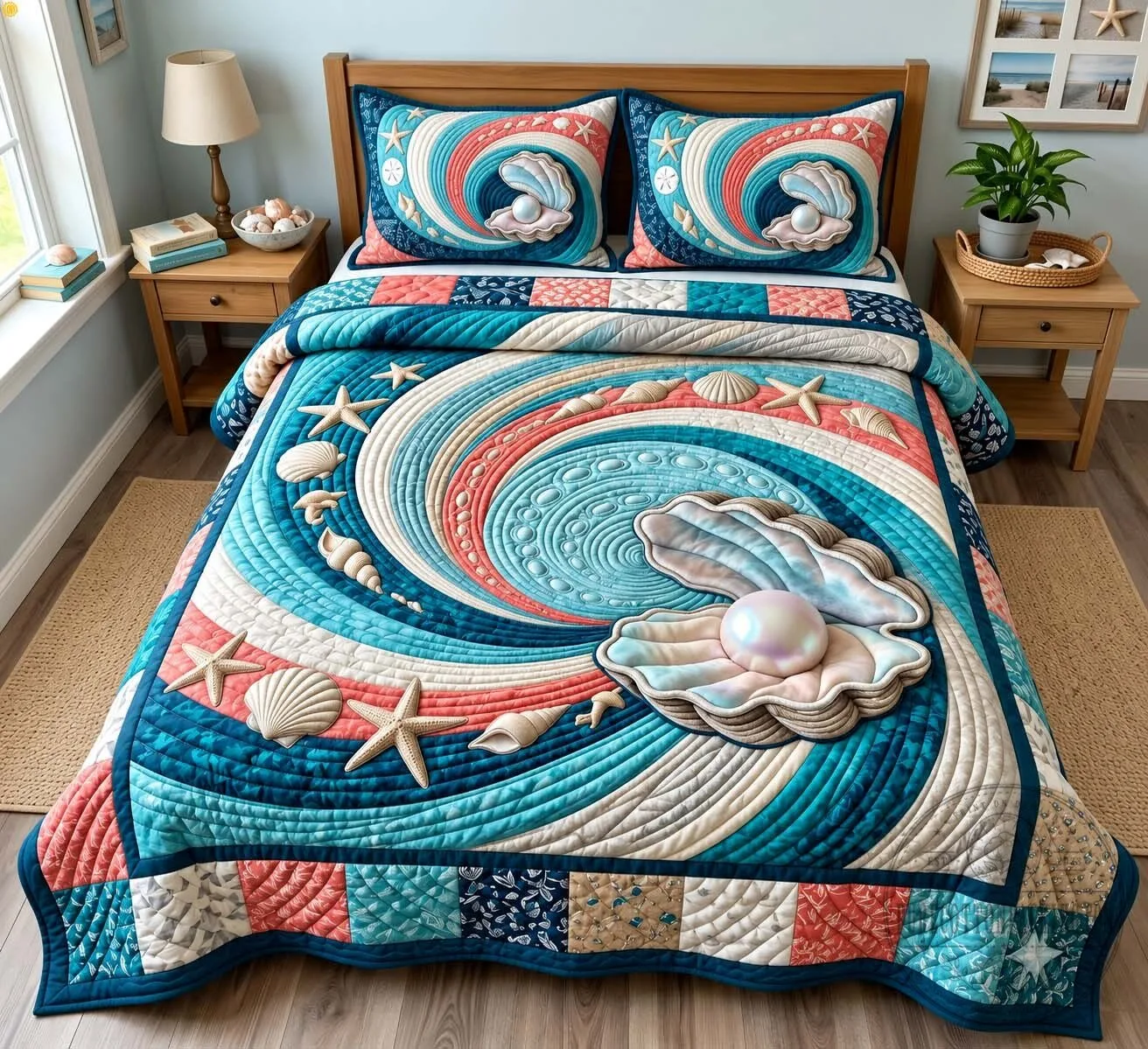 Ocean Pearl Swirl Pattern Quilted Bedding Set with Seashells and Starfish