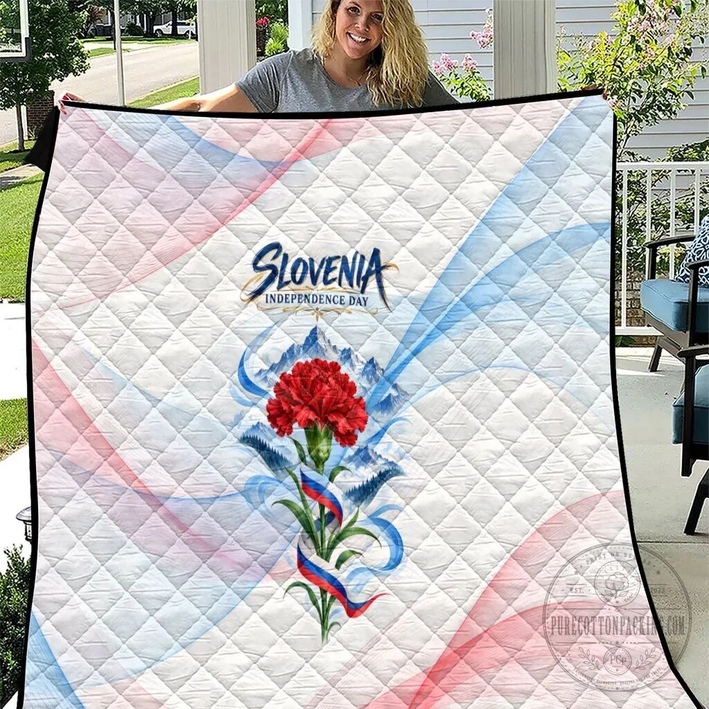 Slovenia Independence Day Red Carnation Flower Mount Triglav Flag Patriotic Quilt