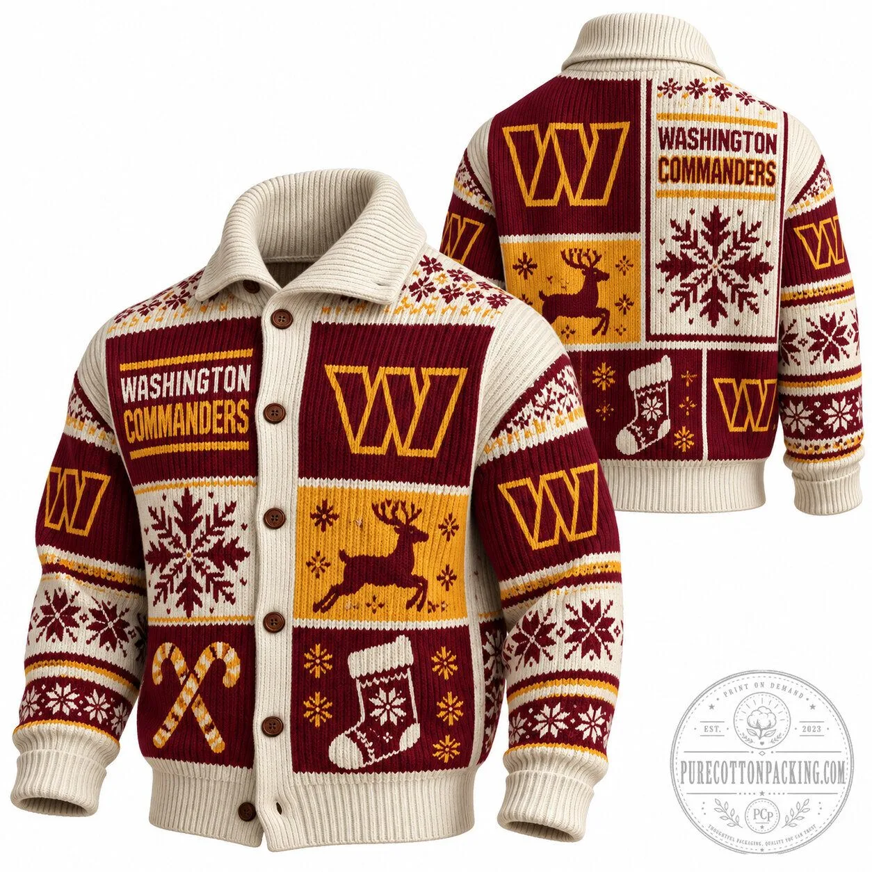 Washington Commanders Christmas Holiday Reindeer Snowflake Pattern Cardigan Sweater