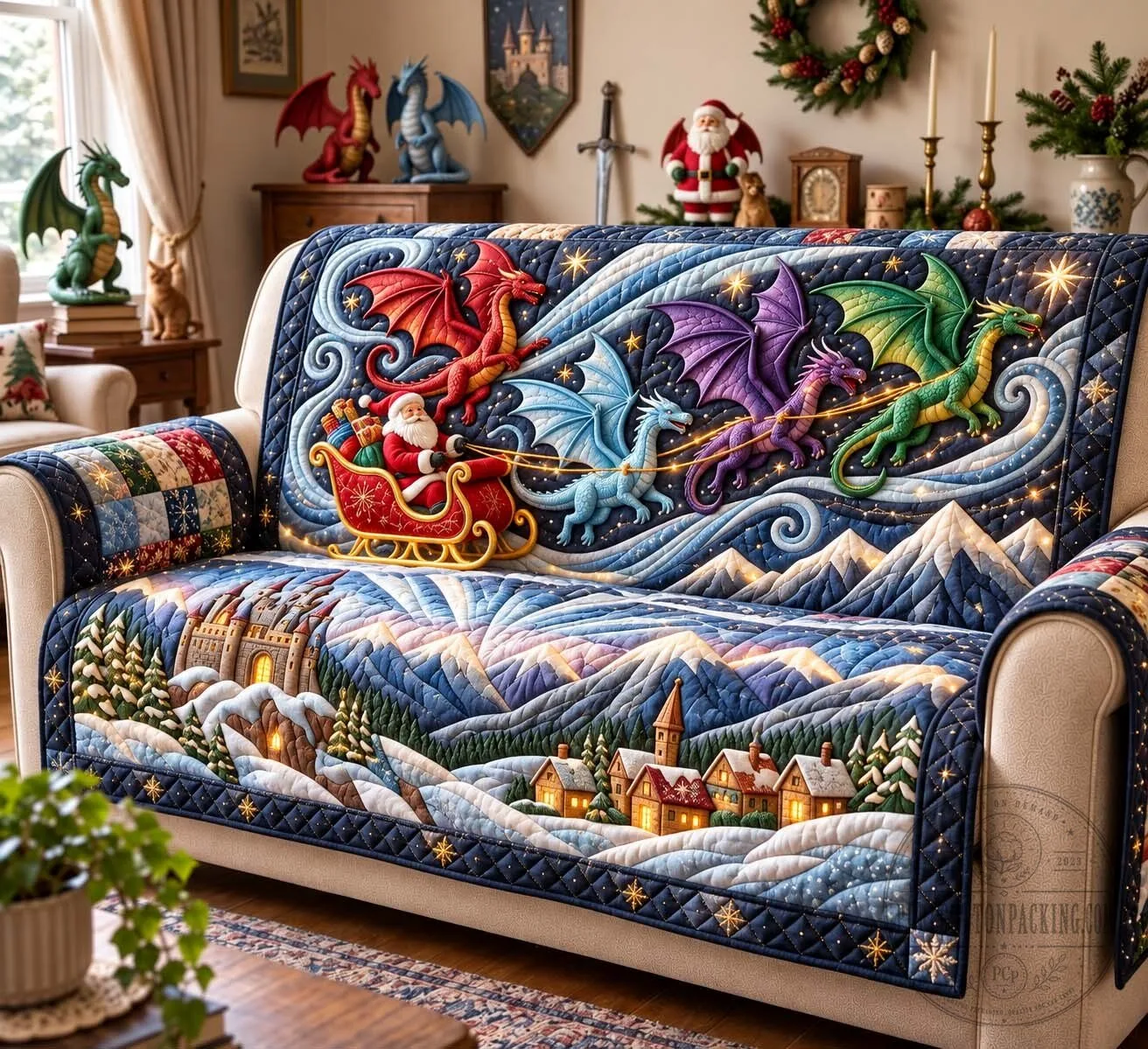 Christmas Dragon Parade Quilted Sofa Cover for Living Room Decor