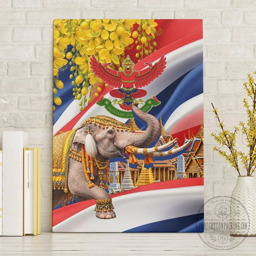 Thailand Flag Golden Elephant and Garuda Temple Wall Art Canvas Print