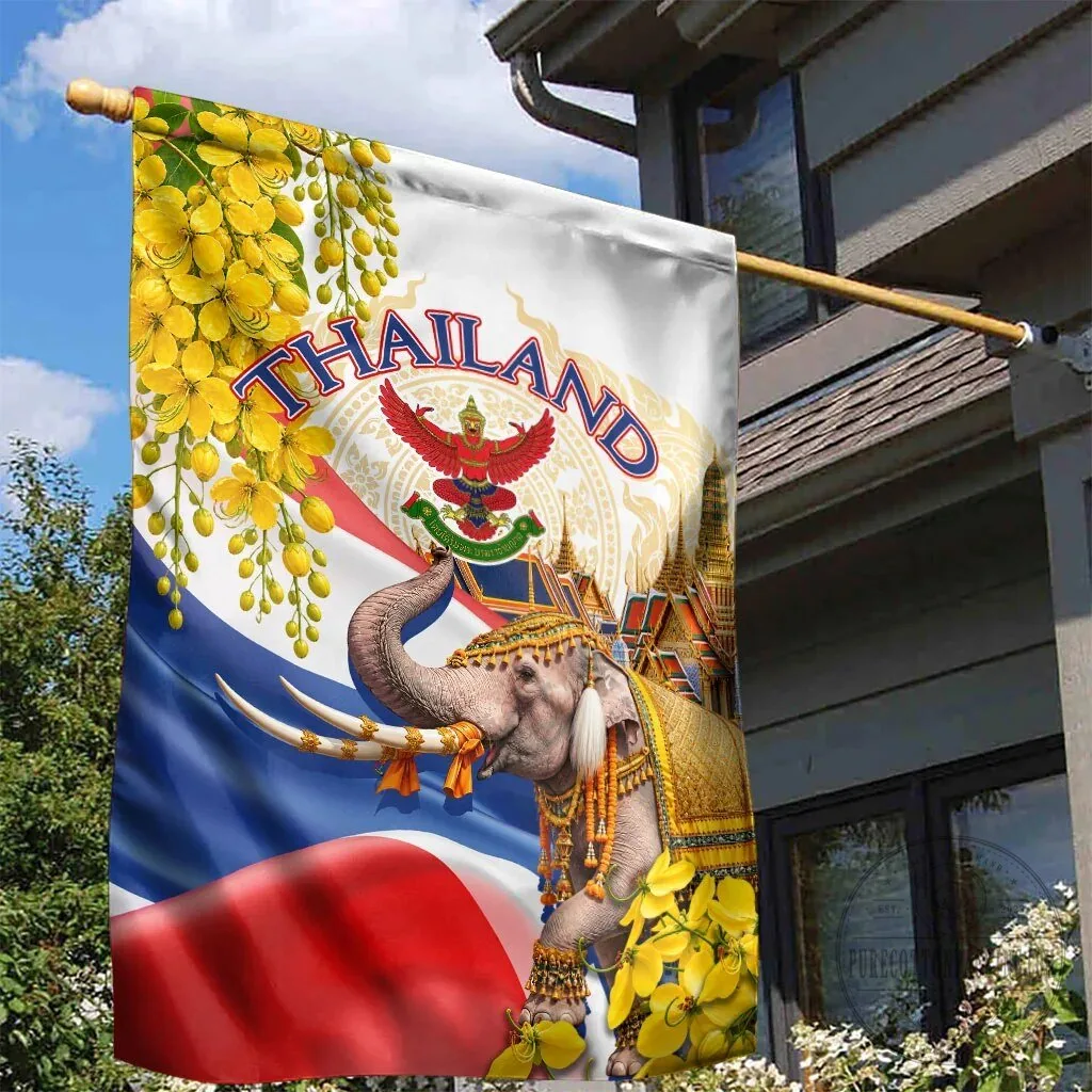 Thailand Golden Elephant and Temple with Ratchaphruek Flowers Garden Flag 6 Thailand Golden Elephant and Temple with Ratchaphruek Flowers Garden Flag