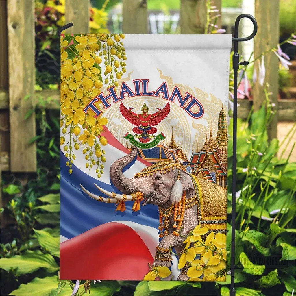 Thailand Golden Elephant and Temple with Ratchaphruek Flowers Garden Flag 8 Thailand Golden Elephant and Temple with Ratchaphruek Flowers Garden Flag