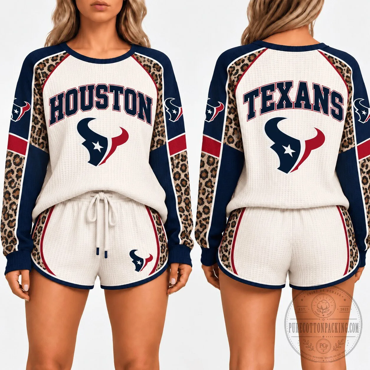 Houston Texans Leopard Print Game Day Waffle Knit Lounge Set for Women