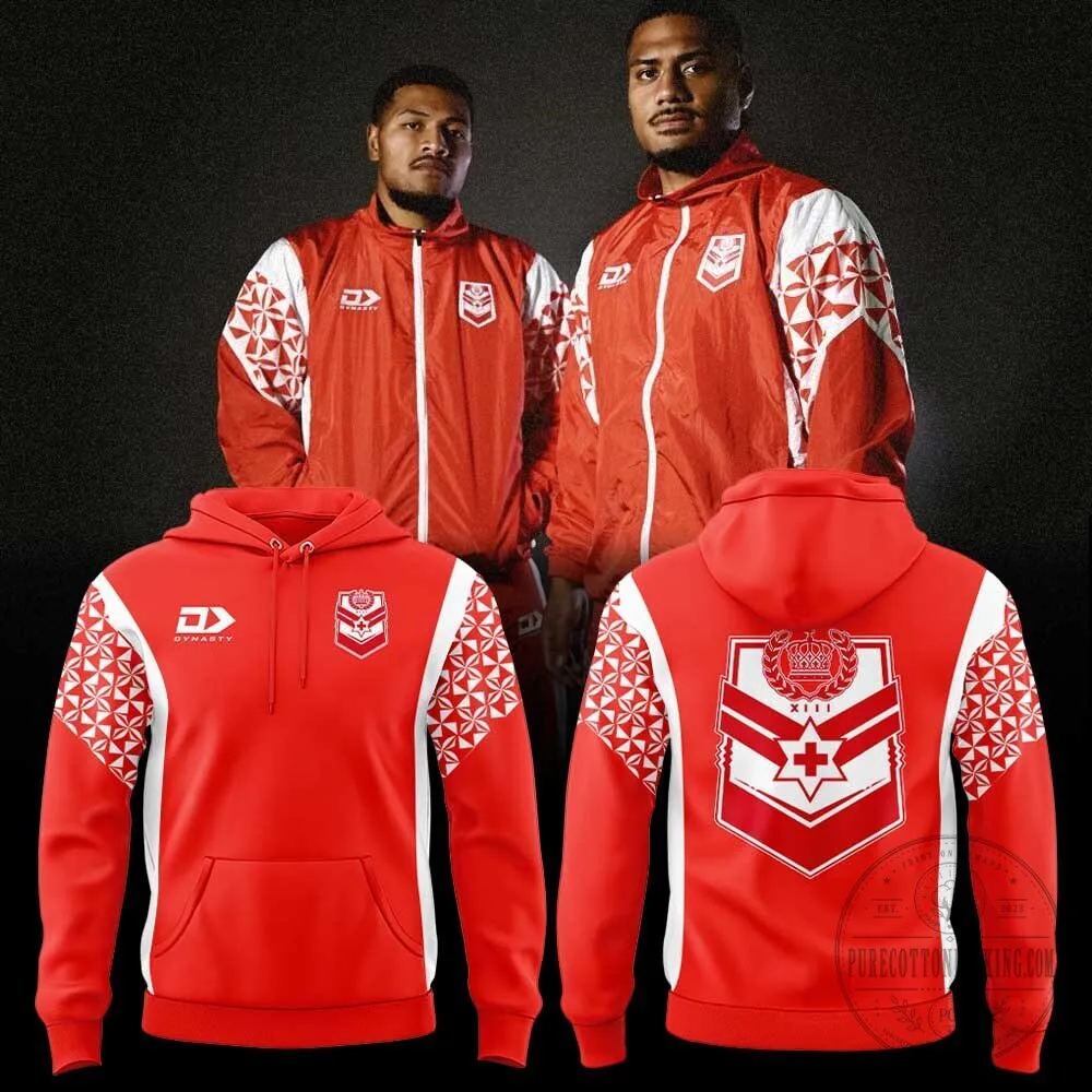 Tonga Rugby League Red and White Patterned Full Zip Hoodie