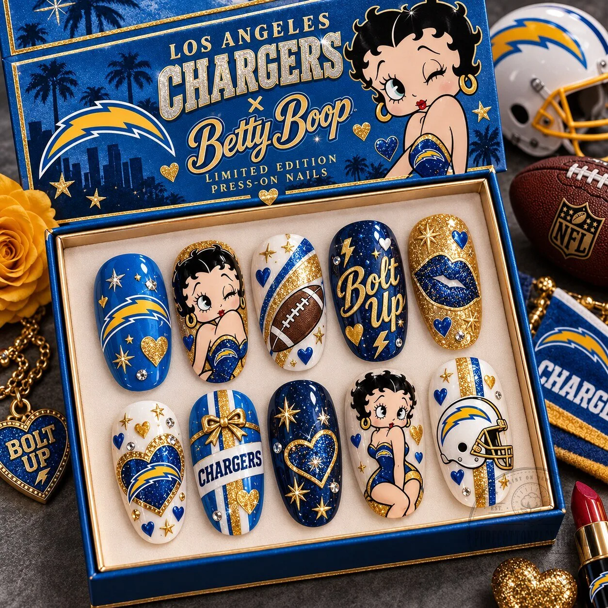 Los Angeles Chargers Betty Boop Football Fan Glamour Press-On Nails Set
