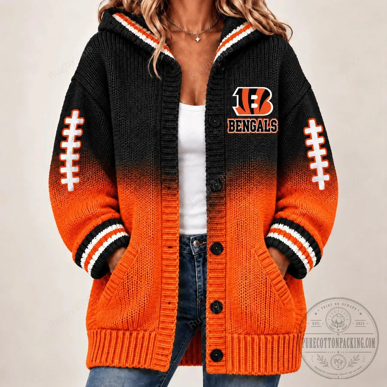 Cincinnati Bengals Football Team Black Orange Striped Knit Cardigan Hoodie