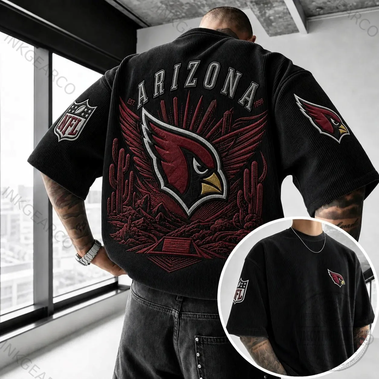 Arizona Cardinals NFL Team Embroidered Corduroy Oversized Short-SSleeve T-Shirt