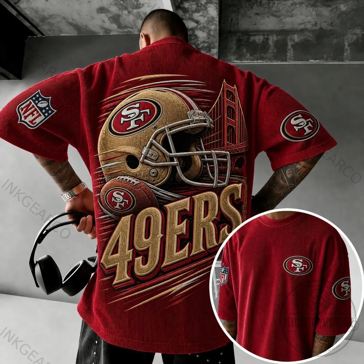 San Francisco 49ers NFL Football Helmet Golden Gate Bridge T-Shirt