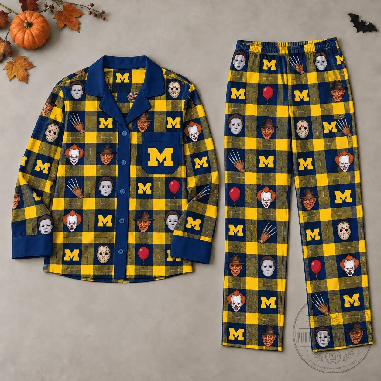 Michigan Wolverines Halloween Horror Movie Characters Plaid Pajamas Set