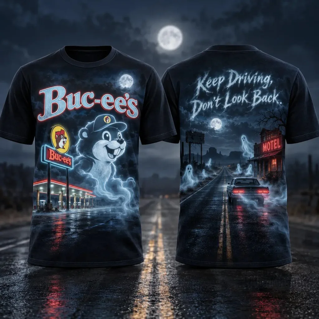 Buc-ee's Ghostly Blue Moon Road Trip Halloween Graphic T-Shirt Buc-ee's Ghostly Blue Moon Road Trip Halloween Graphic T-Shirt