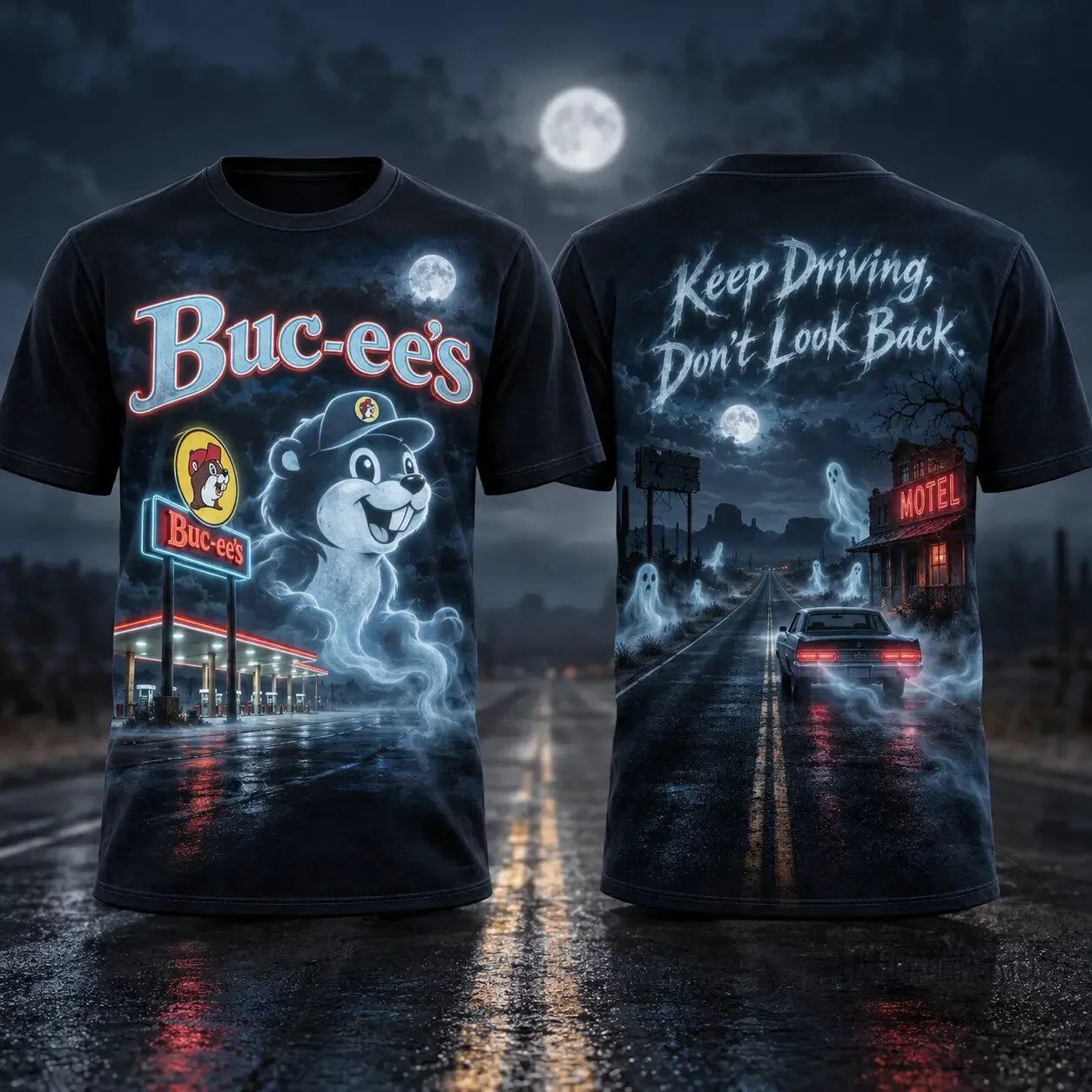 Buc-ee's Ghostly Blue Moon Road Trip Halloween Graphic T-Shirt