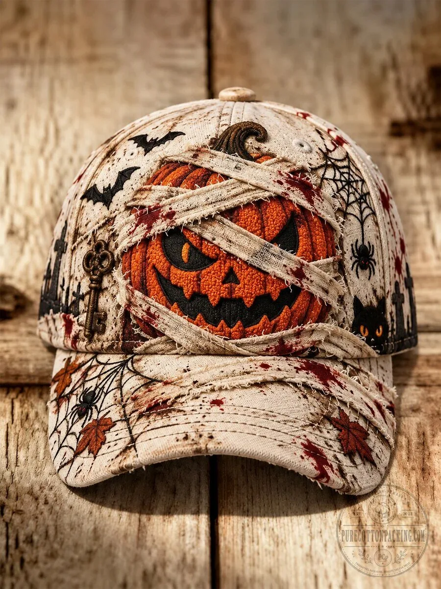Spooky Halloween Mummy Pumpkin Embroidered Baseball Cap Hat