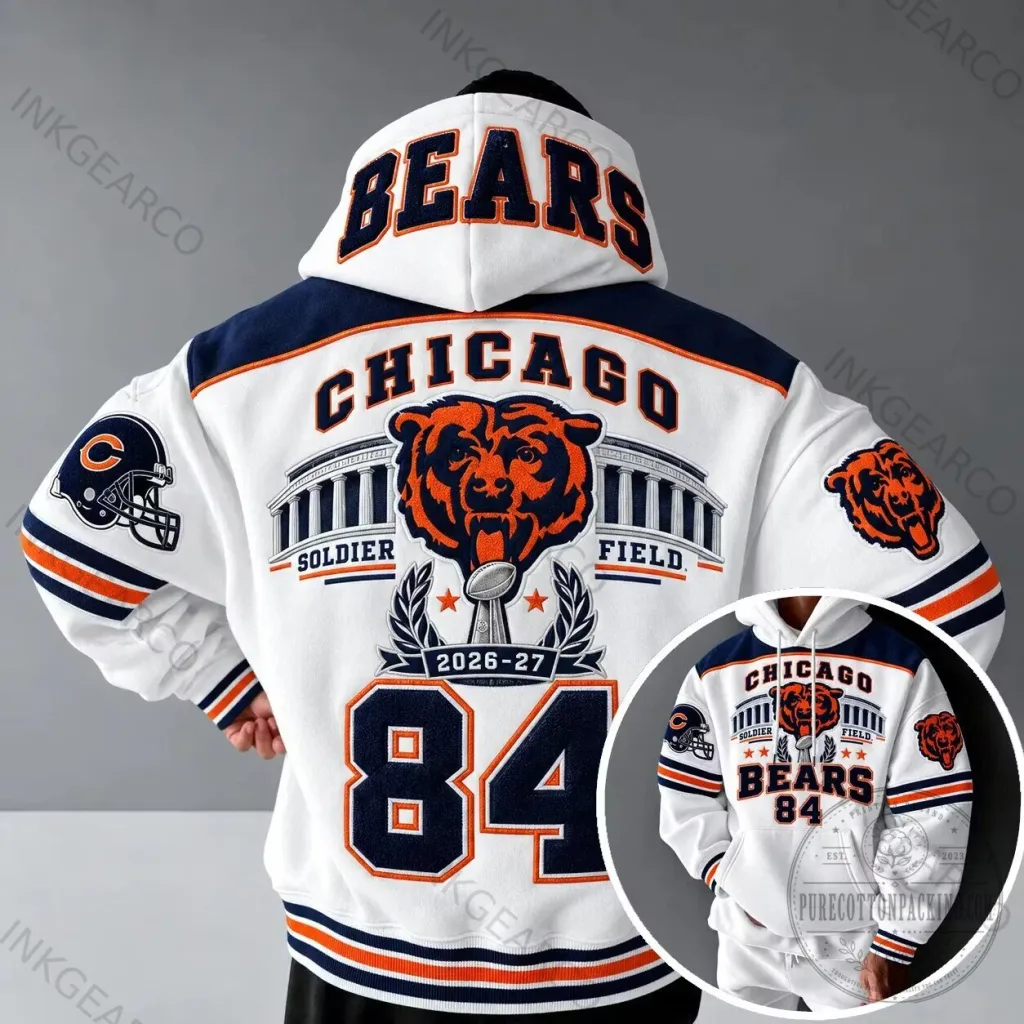 Chicago Bears NFL Football Team Soldier Field Logo White Hoodie Chicago Bears NFL Football Team Soldier Field Logo White Hoodie