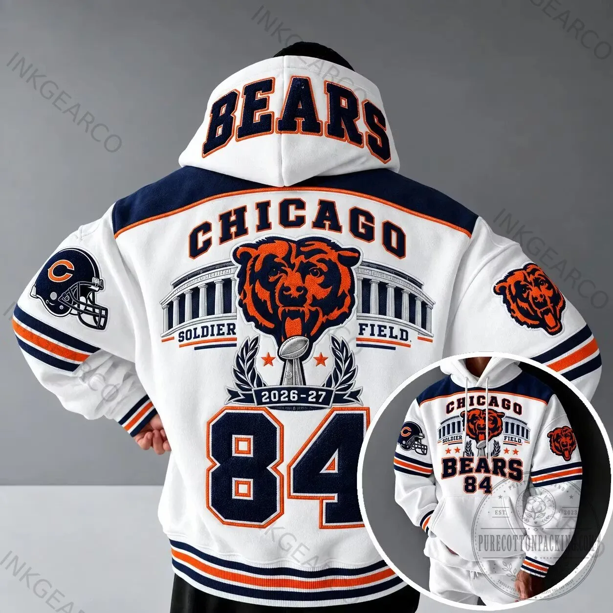 Chicago Bears NFL Football Team Soldier Field Logo White Hoodie