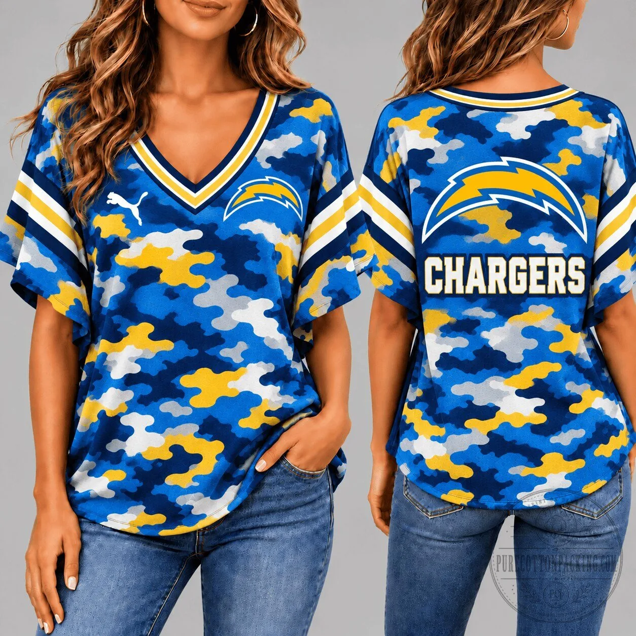 Los Angeles Chargers Blue Camouflage Pattern Short Sleeve V-Neck T-Shirt 1 Los Angeles Chargers Blue Camouflage Pattern Short Sleeve V-Neck T-Shirt