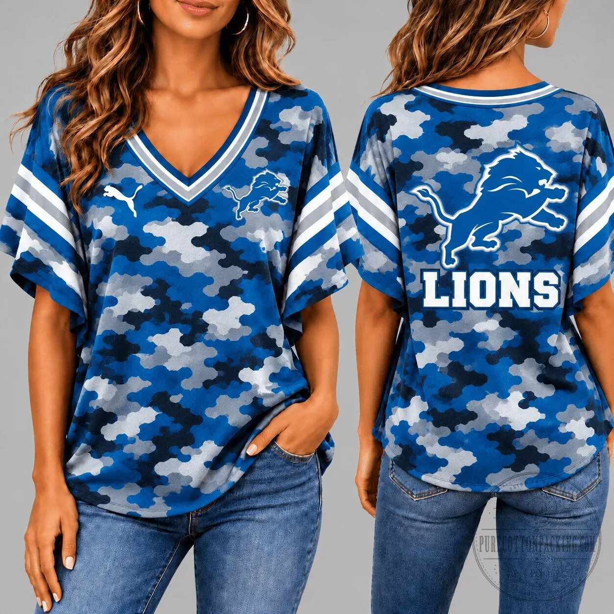 Detroit Lions Women's Blue Camouflage Print Football Jersey