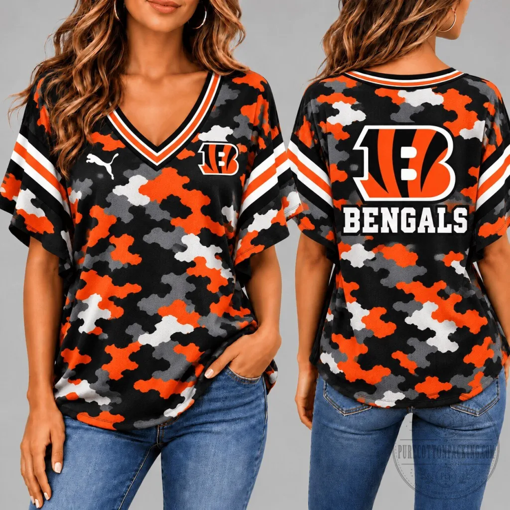 Cincinnati Bengals Camouflage Pattern Orange Black White V-Neck T-Shirt Cincinnati Bengals Camouflage Pattern Orange Black White V-Neck T-Shirt