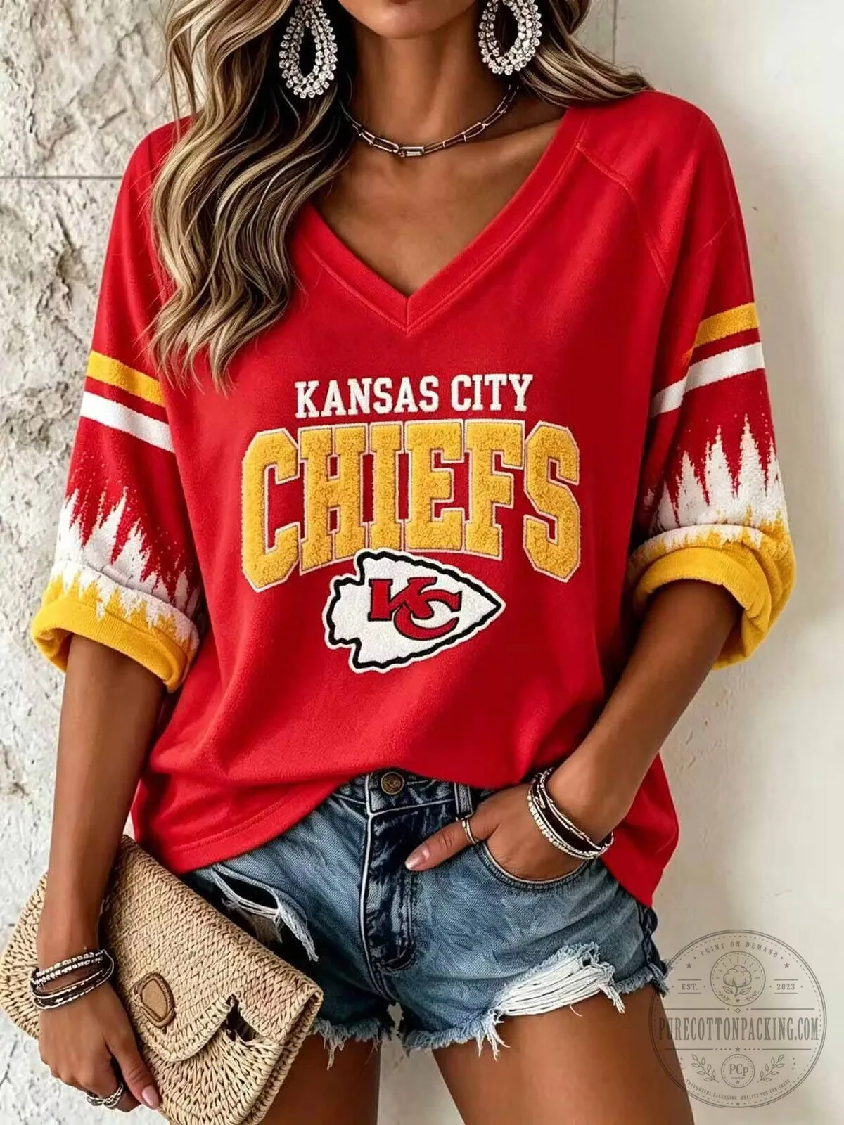 Kansas City Chiefs Football Team Red V-Neck Raglan Sleeve T-Shirt for Women
