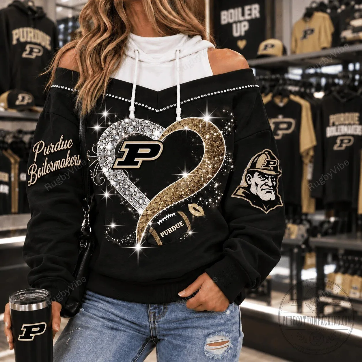 Purdue Boilermakers Sparkle Heart Black Gold Football Hoodie