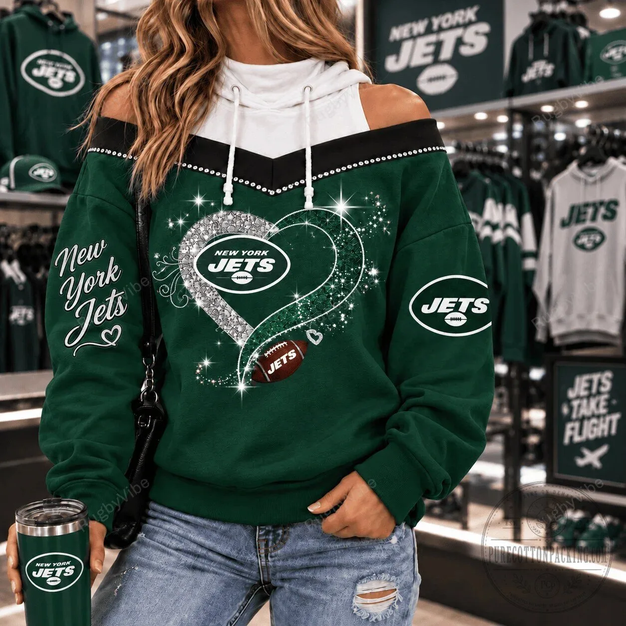 New York Jets Women's Sparkle Heart Football Fan Off-Shoulder Hoodie