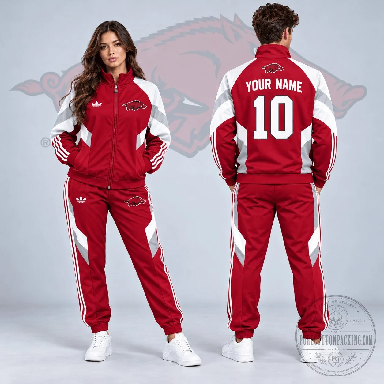 Arkansas Razorbacks NCAA Personalized Red White Gray Colorblock Tracksuit Hoodie