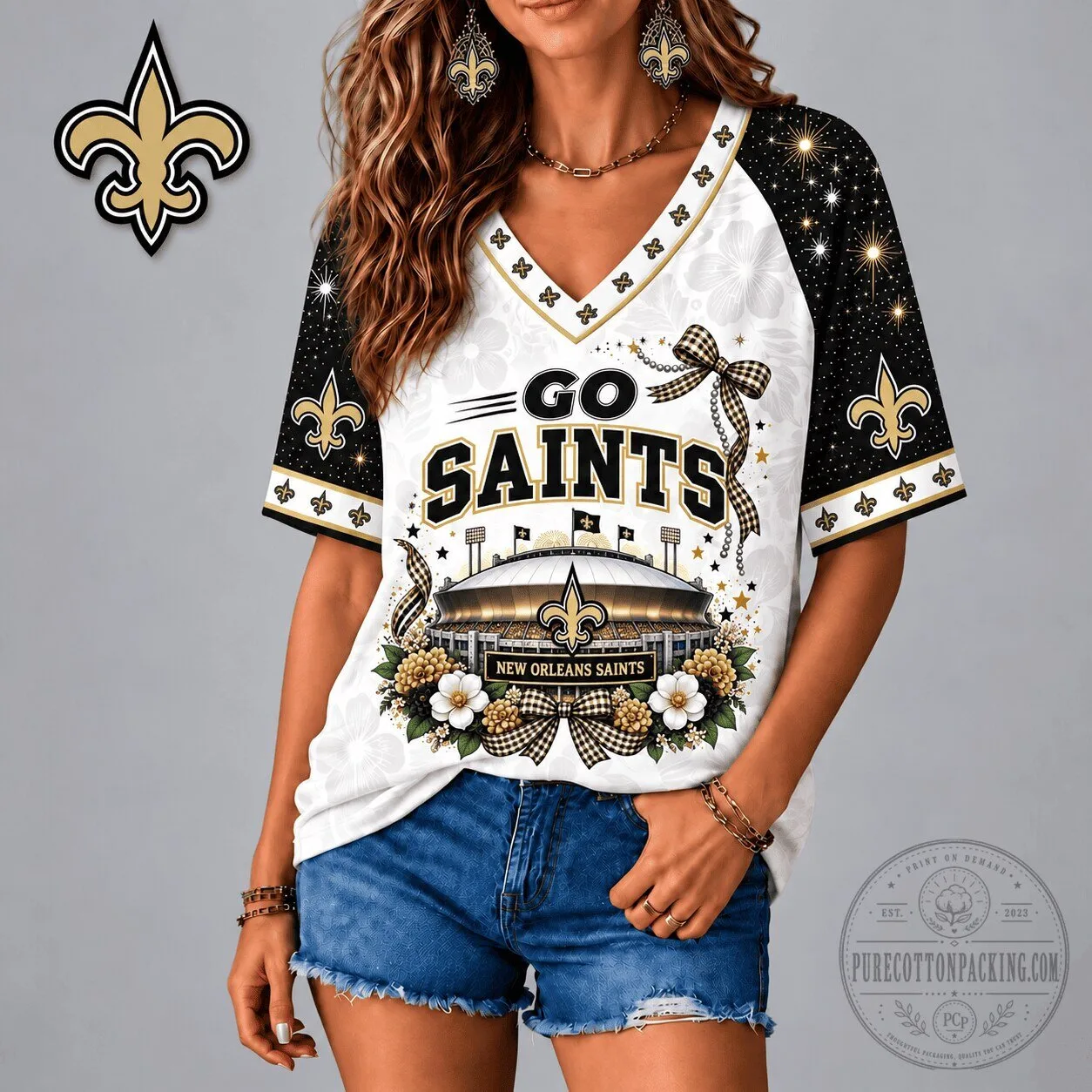 New Orleans Saints Go Saints Football Team Patriotic Floral V-Neck T-Shirt