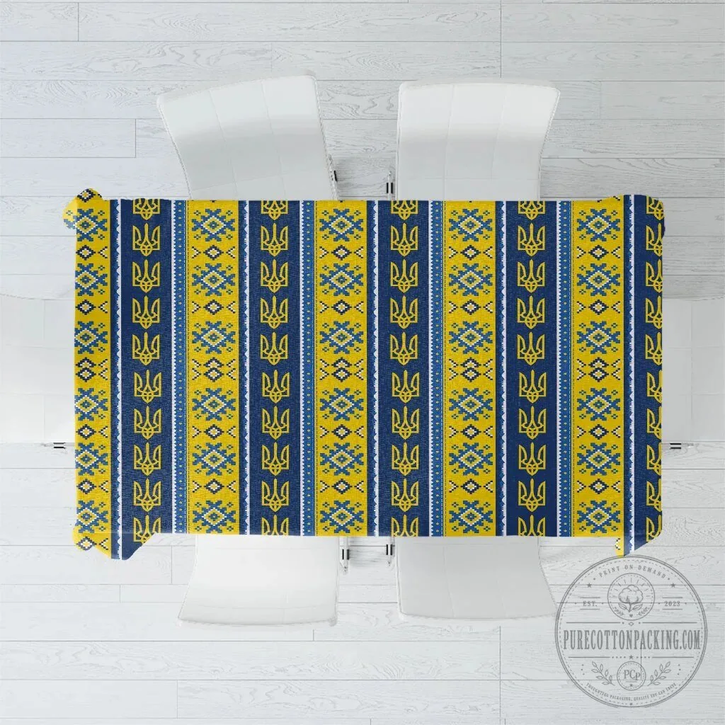 Ukrainian Trident Pattern Blue and Yellow Christmas Holiday Tablecloth