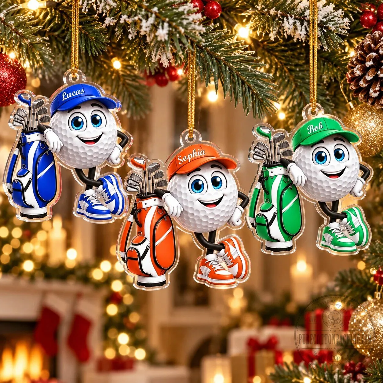 Personalized Golf Ball Character Christmas Tree Ornament with Custom Name