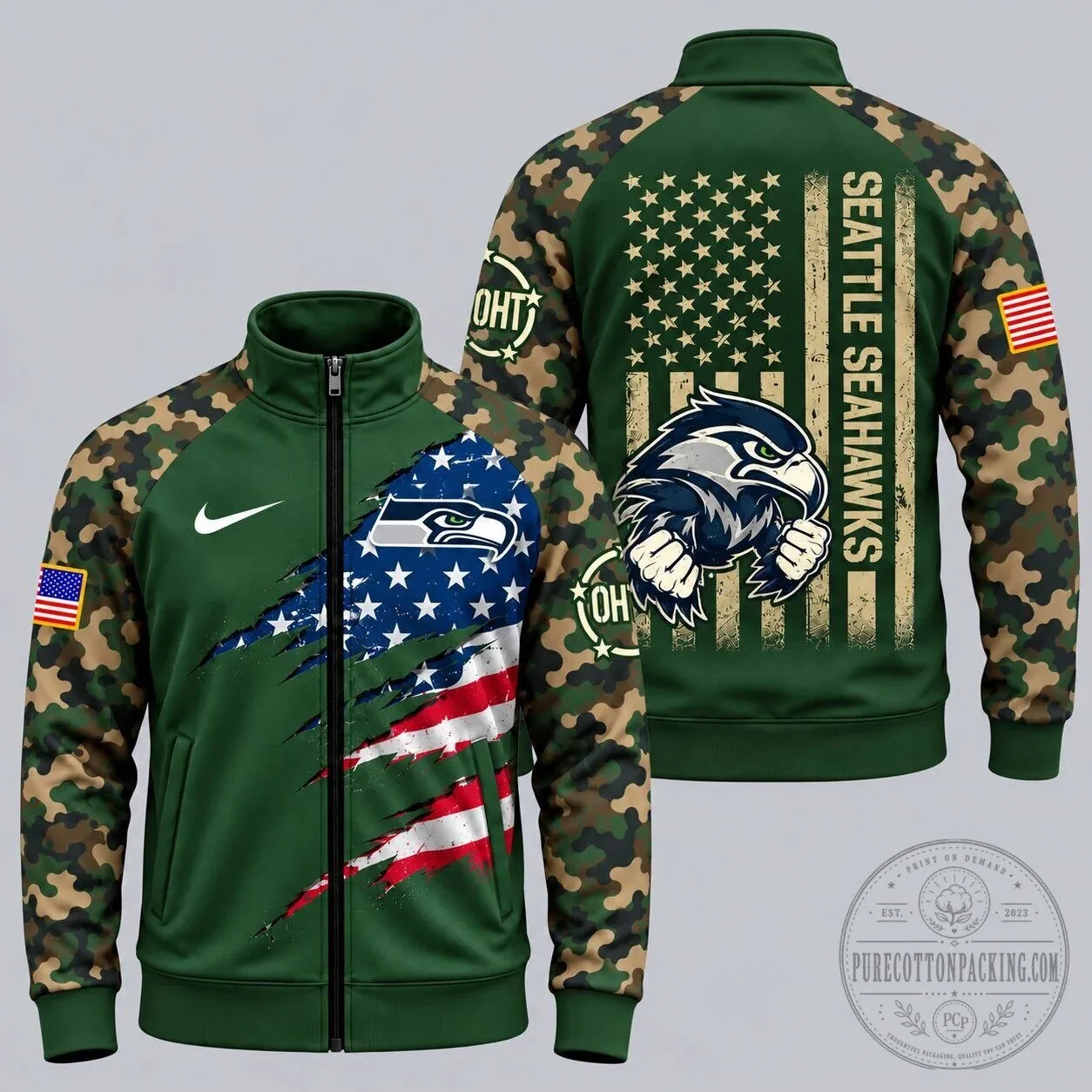 Seattle Seahawks NFL Patriotic Military Camouflage Full-Zip Jacket