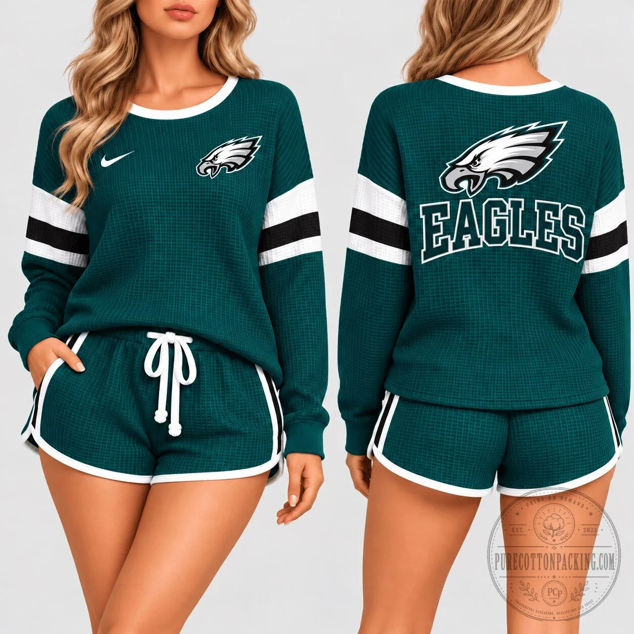 Philadelphia Eagles Women's Green Waffle Knit Lounge Set with Shorts