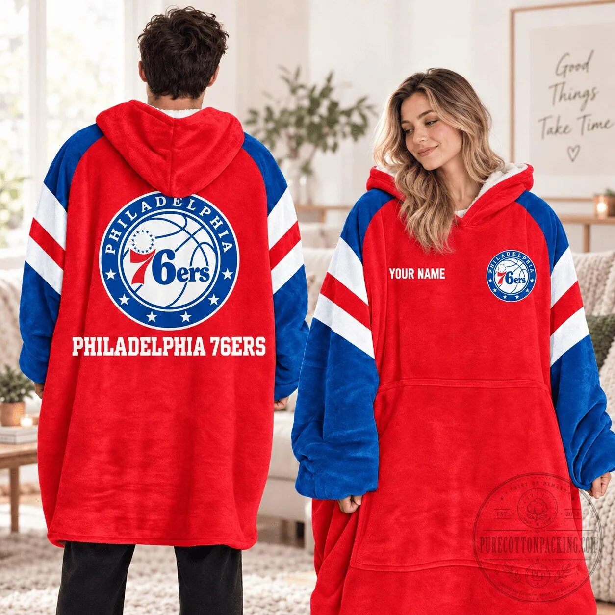 Philadelphia 76ers NBA Custom Name Sherpa Fleece Wearable Blanket Hoodie