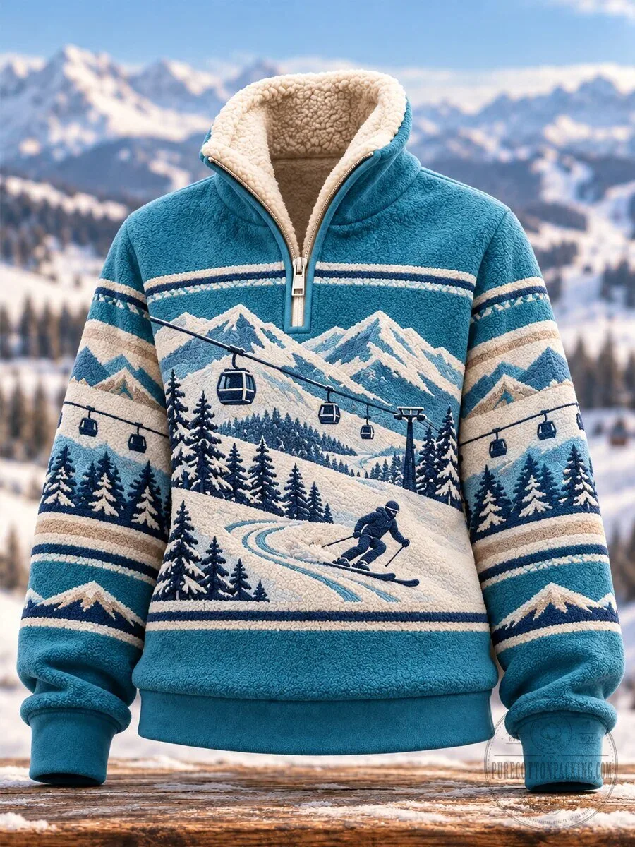 Skiing Mountain Landscape Winter Sports Half-Zip Pullover Fleece Sweatshirt