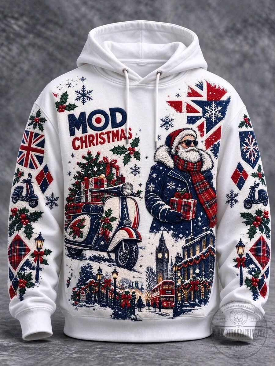 Mod Christmas Union Jack Santa Claus Vespa Scooter Holiday Hoodie