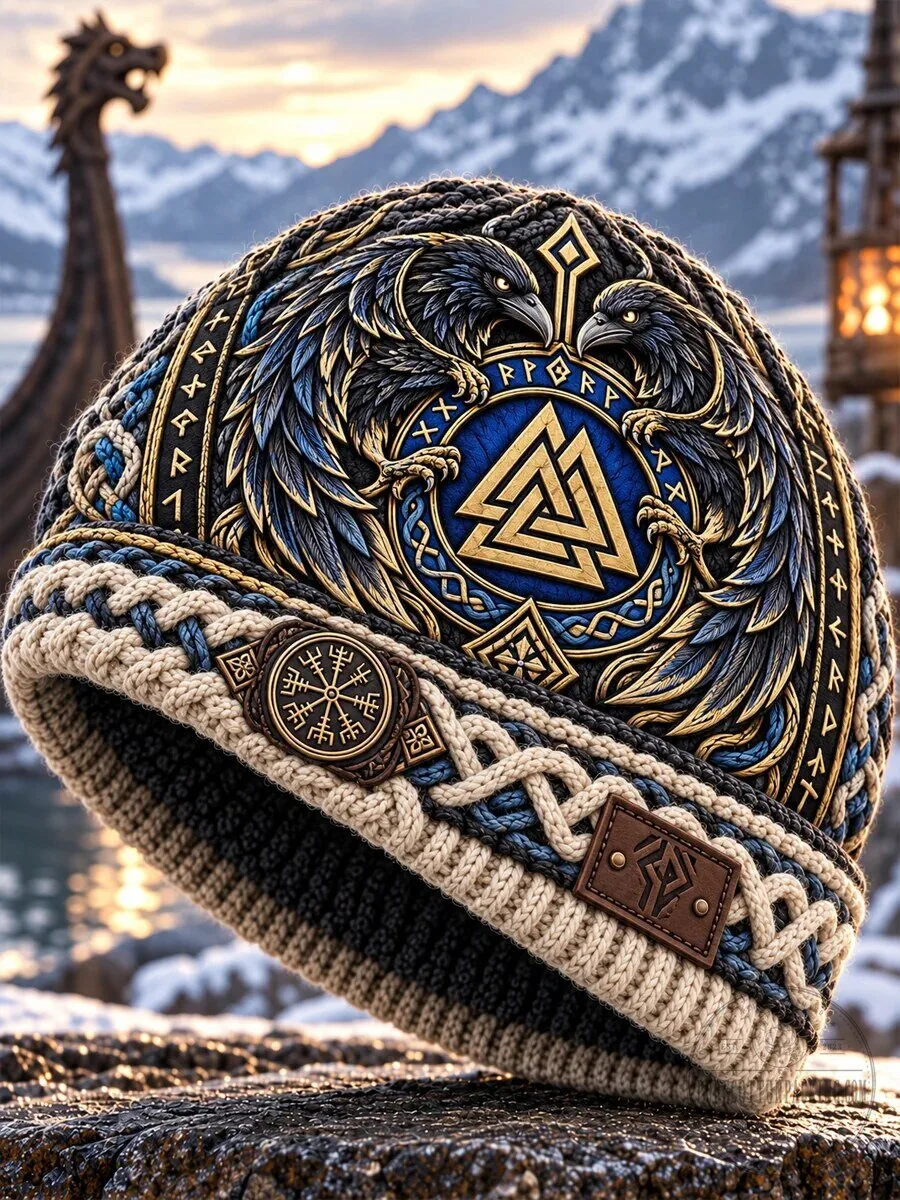 Viking Art Winter Warm Knit Beanie Hat with Ravens and Valknut Symbol Design