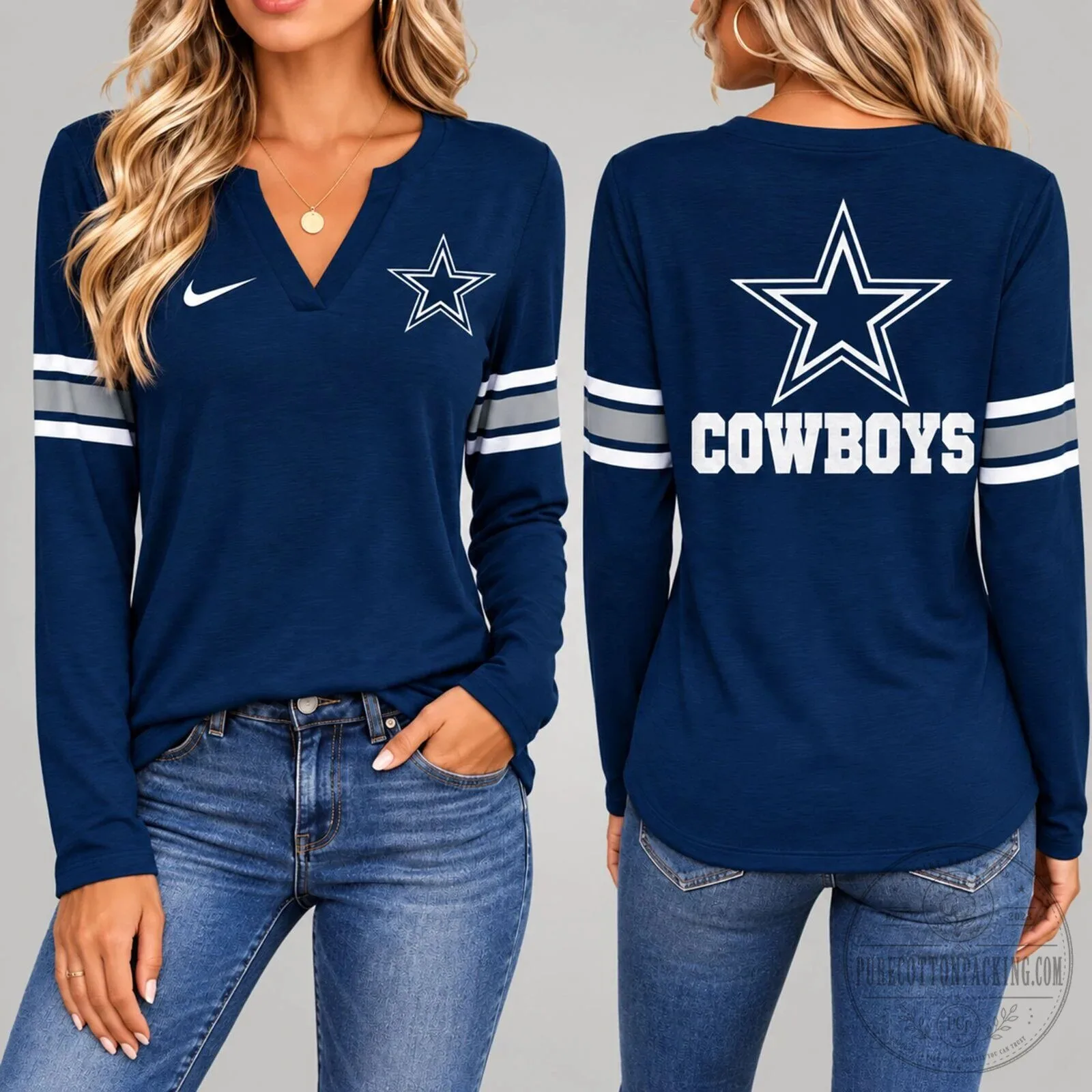 Dallas Cowboys Shirt Women’s V-Neck Long Sleeve Fan Apparel