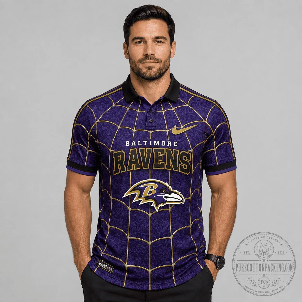 Baltimore Ravens Spiderweb Pattern Purple Polo Shirt for Men
