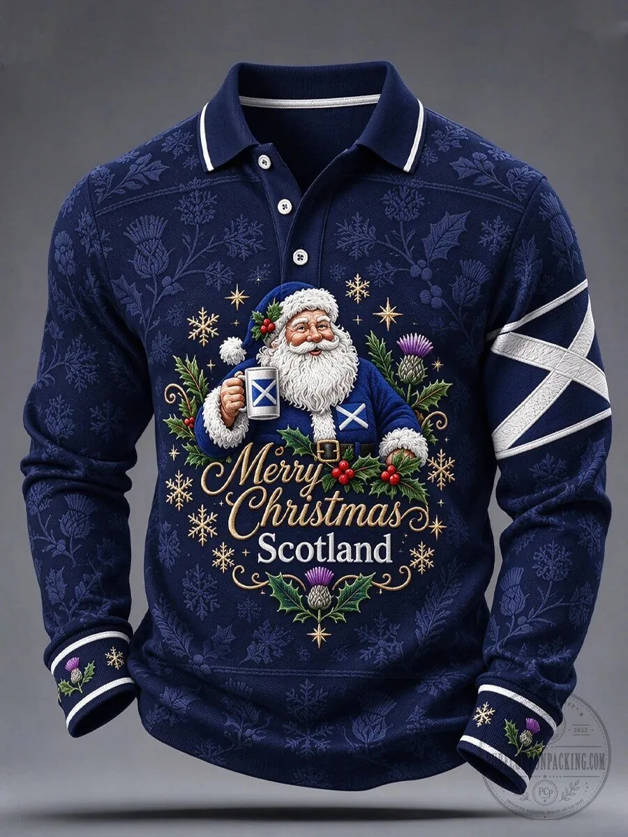 Merry Christmas Scotland Santa Claus Long Sleeve Polo Shirt