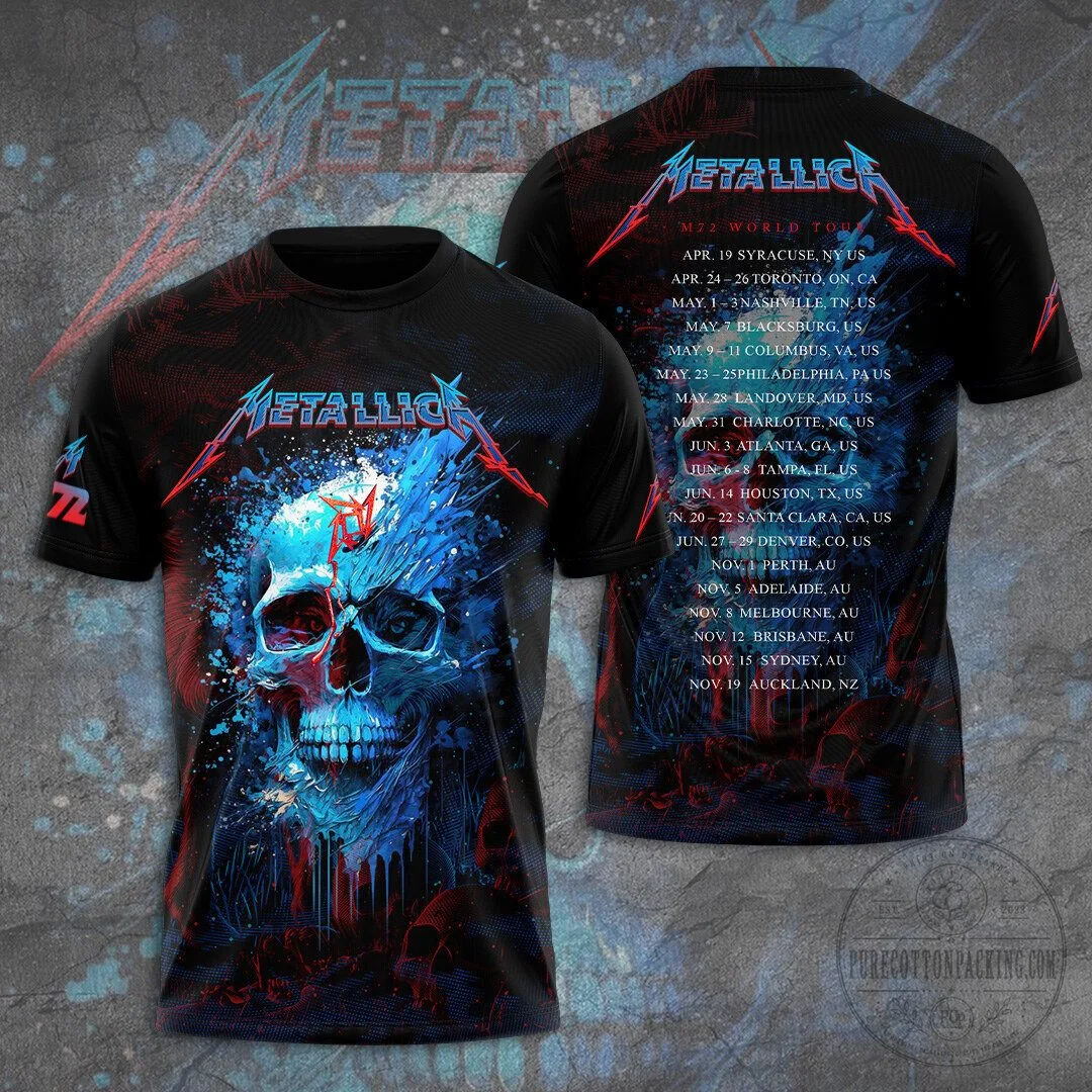 Black Short Sleeve T-Shirt featuring Metallica M72 World Tour Skull Graphic