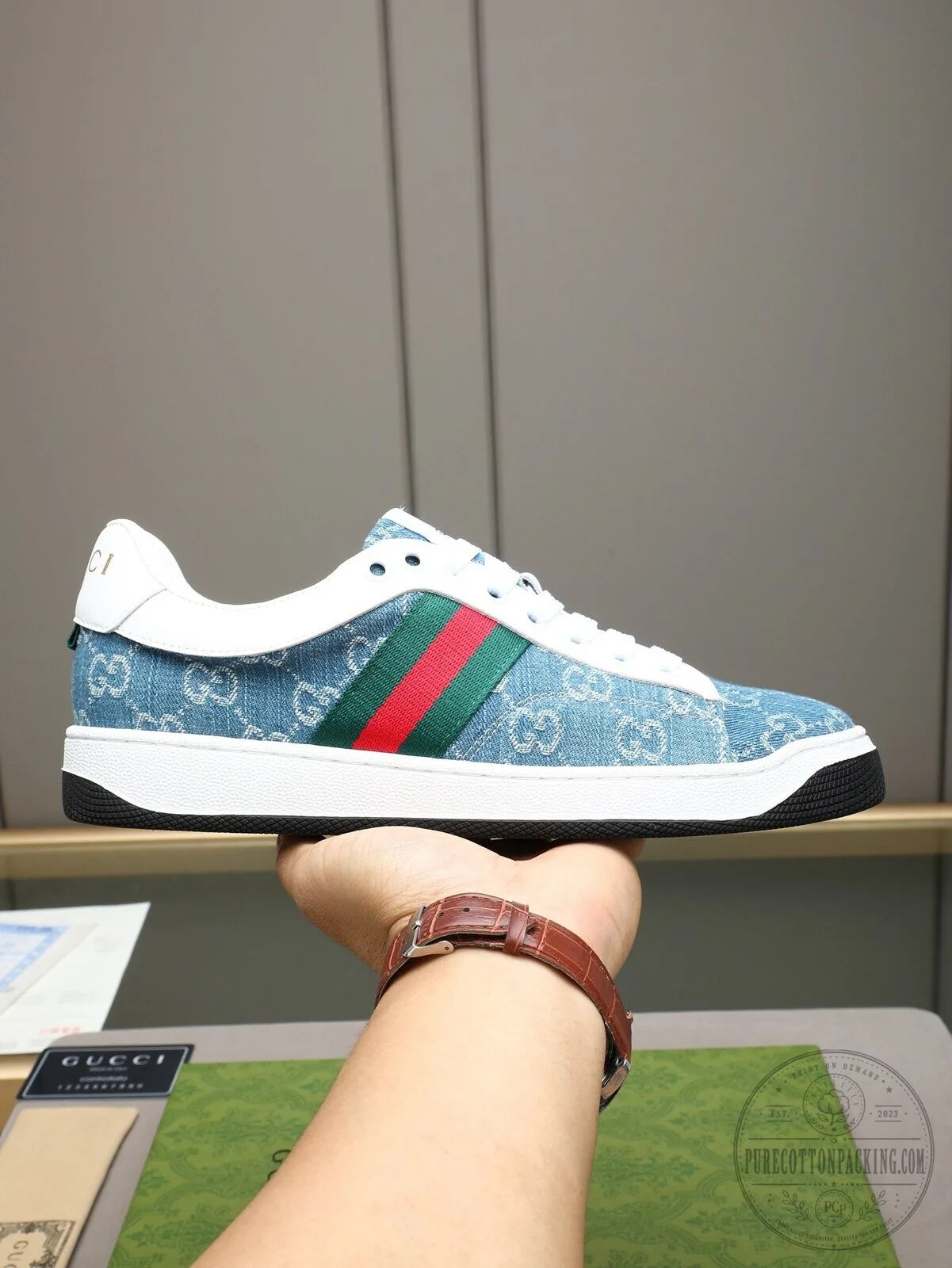 Gucci Denim Blue Low Top Sneakers with Red and Green Stripe 4 Gucci Denim Blue Low Top Sneakers with Red and Green Stripe
