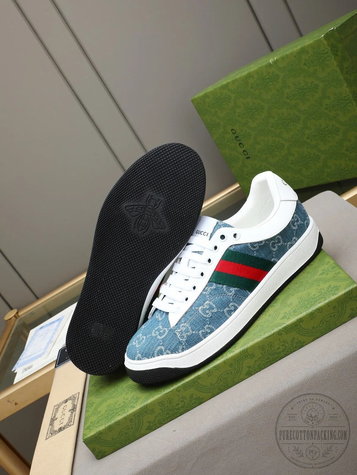 Gucci Denim Blue Low Top Sneakers with Red and Green Stripe 5 Gucci Denim Blue Low Top Sneakers with Red and Green Stripe