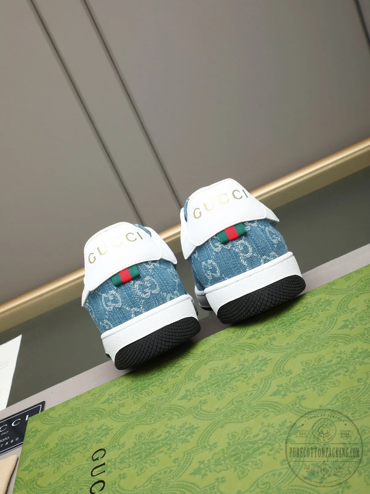 Gucci Denim Blue Low Top Sneakers with Red and Green Stripe 6 Gucci Denim Blue Low Top Sneakers with Red and Green Stripe