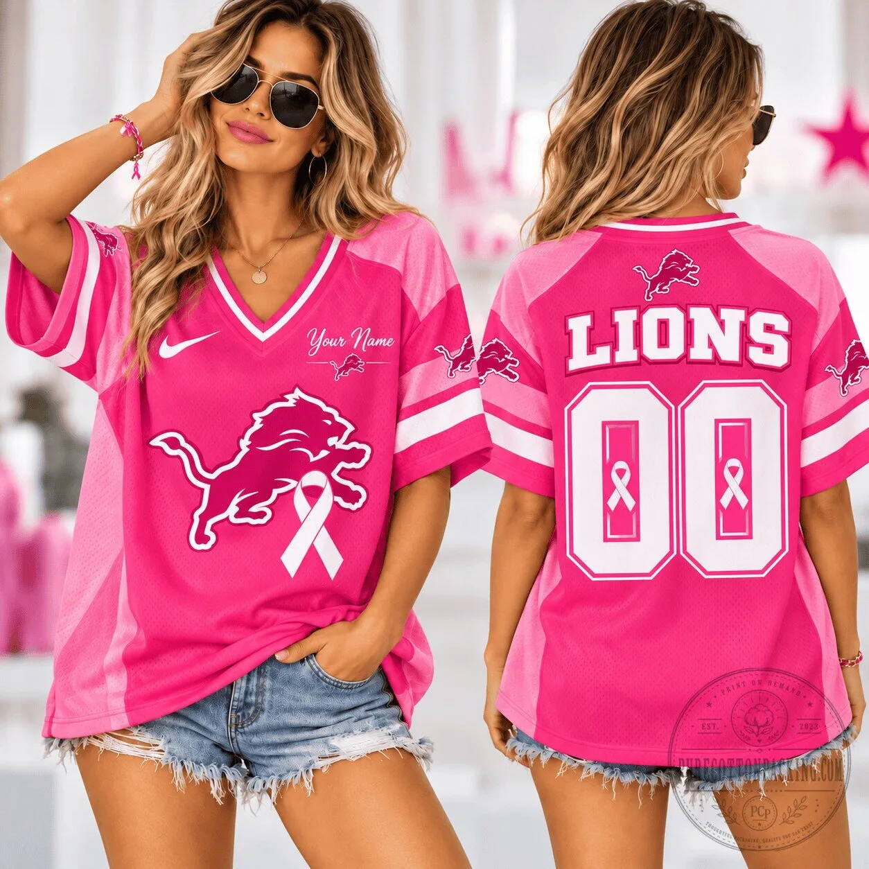 Detroit Lions NFL Pink Breast Cancer Awareness Game Day Football Jersey