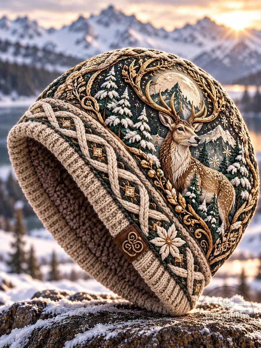 Nordic Style Deer and Forest Winter Knit Beanie Cap Hat