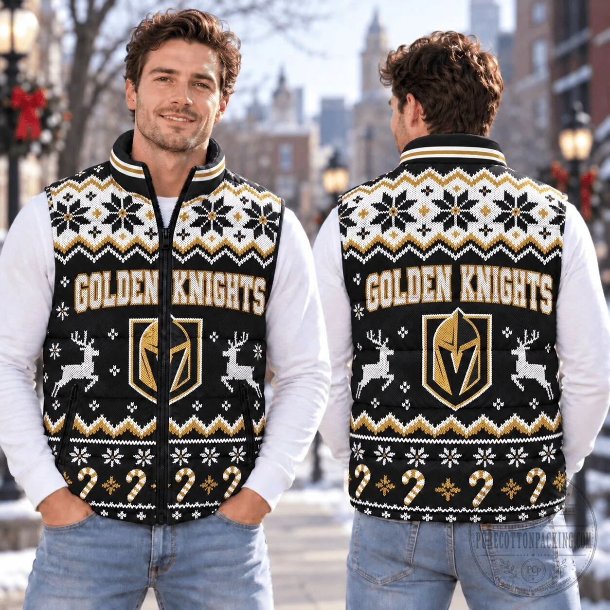 Vegas Golden Knights Ugly Christmas Sweater Style Puffer Vest For Fan
